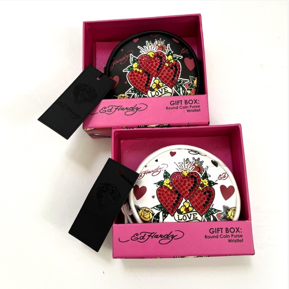 Ed Hardy 2pc Coin Purse Wristlet Set Heart Rhinestone  Tattoo Black White NWT - Picture 2 of 6